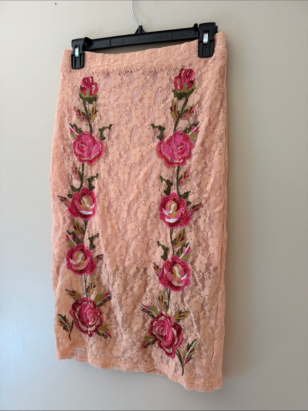 Ark & Co Peach Lace Pencil Skirt with Pink Rose Embroidery